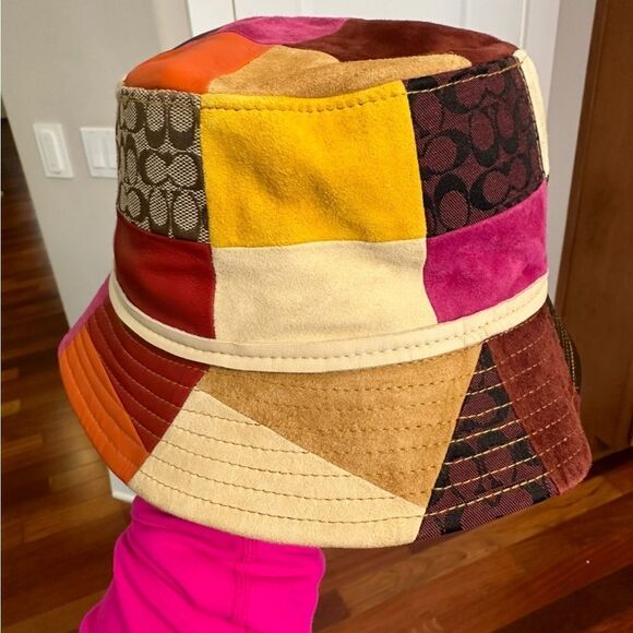 VINTAGE COACH CRUSHER PATCHWORK SUEDE LEATHER SIGNTURE RUST YELLOW PINK SZ S EVC - Picture 3 of 12